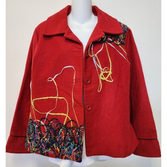 Bala Bala Jackets & Blazers - Bala Bala Jacket Women Medium Red Abstract Yarn Faux Wool Vintage Artsy